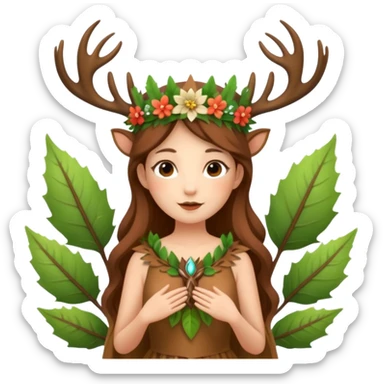 forest fairy woman dressed as deer spirit, antler crown and leaf dress, standing in flowers sticker