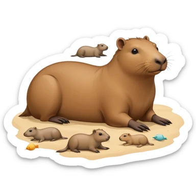 a capybara with a seal laying on a peaceful beach with other capybaras close by sticker