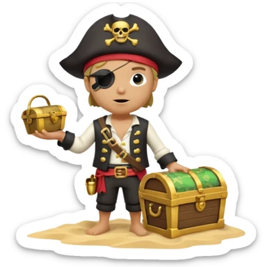 A 3D cartoon pirate with one eye covered by a black eye patch, holding a treasure chest of gold, wearing a hat, standing on sand, Memoji-style. sticker