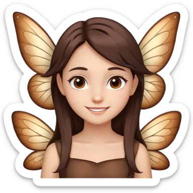 She has chocolate brown staright layered hair and brown eyes, she has fairy wings on her back and her eyebrows are light brown. She has a cute smile without teeth  sticker