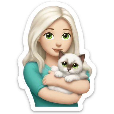 white woman with medium-length brown hair, green eyes and brown freckles on the face under the eyes, holding her sacre de birmanie kitten in her arms with much love, the baby cat has blue eyes, a lot of dark areas on ears and middle of the face. blue eyes sticker