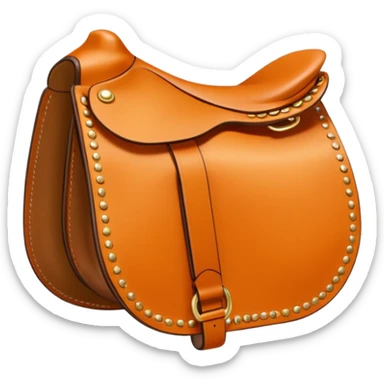 Hermès-style saddle, detailed leatherwork, Hermès orange and gold accents, luxury, cute emoji style sticker
