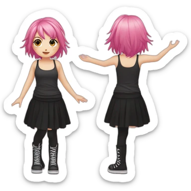 Full body Front view curvy emo girl pink hair sits on the floor straight view hands up black skirt белые трусики sticker