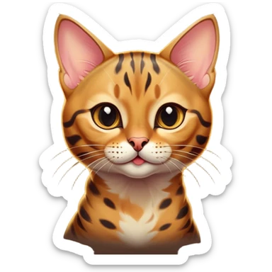 Cinematic Cute Bengal Cat Portrait Emoji, Playful and charming, sleek spotted brown and gold tones, Simplified yet adorable features, highly detailed, glowing with a warm, friendly glow, high shine, curious and affectionate, stylized with a touch of whimsy, head tilted in a playful and inquisitive manner, soft glowing outline, capturing the essence of a mischievous yet loving kitten, so endearing it feels like it could pounce out of the screen and play! sticker