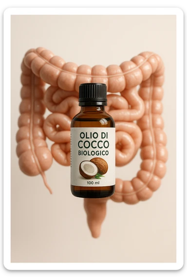 BOCCETTA DI OLIO DI COCCO BIOLOGICO (FAI UN ETICHETTA SUL PRODOTTO IN ITALIANO) CHE FLUTTUA IN ARIA DAVANTI A UN INTESTINO UMANO ANATOMICO IN PERFETTA SALUTE, SFONDO CHIARO, iperrealistico 4k sticker