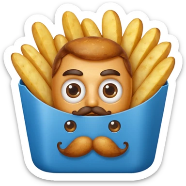 fried potatoes with eyes and mustache, in a blue carton  sticker