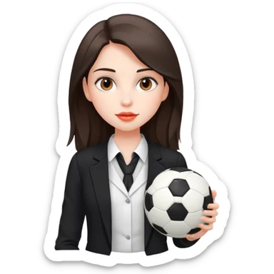 pale girl with soft and long dark brown hair and dark brown eyes, coral colored lip, Holding a soccer ball, Wearing formal black blazer and white sleeveless inside sticker