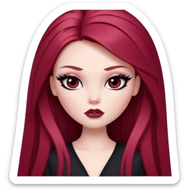 straight long wine red hair, pale skin, dark black eyes, pretty bratz baddie, black eyeliner, blush sticker