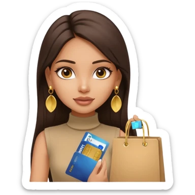a pretty bratz fair indian girl wearing a beige sleeveless turtleneck, golden earrings, straight ling hair, holding bank cards, dark brown hair, carrying shopping bags sticker
