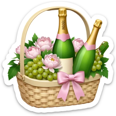 White Picnic basket with light pink bow, white peonies, grapes and one pink champage bottle inside sticker