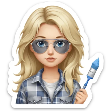 girl with long blond messy hair, wearing grey plaid shirt with blue eyes and aviator sunglasses wearing a ring on her silver necklace, holding a paint brush roller with white paint on her face sticker