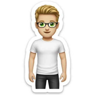 white boy with brown stray hair snd with glasses green eyes hair shaved on the sides white t-shirt and black jeans GREEN eyes sticker