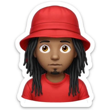 dark brown skin, black hair dreadlocks, wear red t-shirt, black bucket hat sticker
