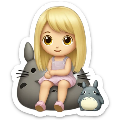 bébé fille blonde décoiffée assise avec une peluche Totoro  sticker
