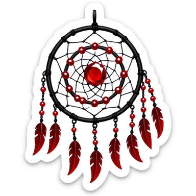 Blood-red, bloody, obsidian-black, edgy, dream catcher, red gemstones, black wires, black threads, tiny white skulls, sticker