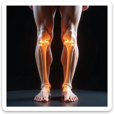 hyperrealistic 4K anatomical view of valgus knee, man's legs, knees touching and ankles separated, bones and joint highlighted, white background, valgus deviation clearly visible, variant 4 with slightly changed leg position sticker