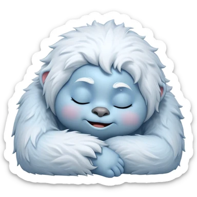 Meme-Worthy Cute Sleeping Yeti Portrait Emoji, with a charming, fluffy, snow-dusted figure in gentle whites and cool blues, head resting in blissful, serene slumber with closed, peaceful eyes and a small, contented smile, simplified yet irresistibly adorable, highly detailed with a soft frosty outline that captures the tender drowsiness of a yeti drifting into snowy dreams! sticker