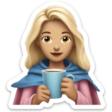 Blonde girl with loose hair and a soft pink and blue cape on her shoulders with a cup of coffee in her hands sticker