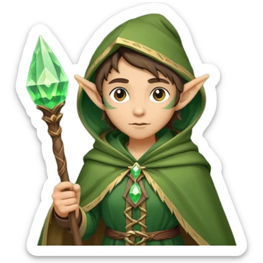 {
      "type": "human",
      "look": "forest elf mage, green cloak, wooden staff, glowing crystal tip",
      "description": "a forest elf mage in green cloak holding a wooden staff with a glowing crystal tip"
    } sticker
