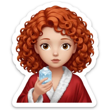 Cartoon emoji of a girl with voluminous curly red hair, fair skin, warm brown eyes. Wearing a chic milky silk robe with long sleeves, no makeup. Portrait mode, holding a ice cube, looking doubtful and unsure. Smooth, simple, stylized." sticker
