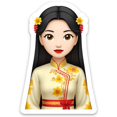 Cinematic Realistic Ao Dai Pop Culture Emoji, featuring an elegant portrayal of the traditional Vietnamese dress rendered with graceful textures and vibrant, cultural lighting. sticker