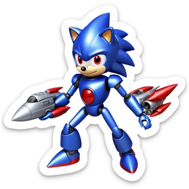 Metal Sonic robot hedgehog with red eyes, metallic blue body, and jet boosters sticker