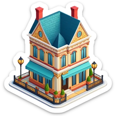 Upscale restaurant exterior, isometric dollhouse-style, realistic sticker