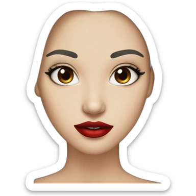 straight long dark brown hair,red lipstick,black eyes, white skin and a small nose sticker