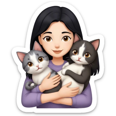 happy girl with black hair hugging three cats  (carey cat, gray cat, brown calico cat) sticker