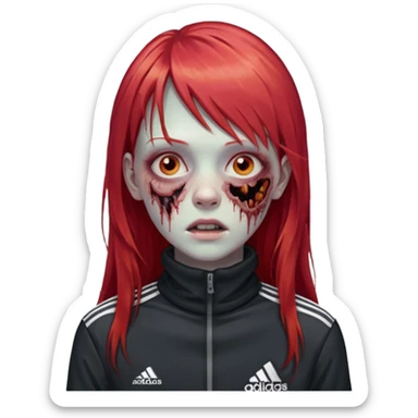 Crie um emoji de uma menina zumbi  com o cabelo vermelho longo com uma franja reta casaco de gola alta da adidas sticker