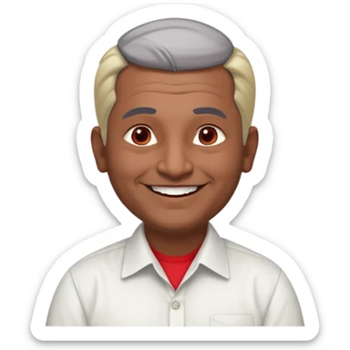 50 yr old indian man, dark skin, grey hair, big smile, white teeth, chubby, no moustache, clean shaven, young style hair, hair brushed back, 5 oclock shadow, bindy, dress shirt, forehead dot, chubby, religious, red dot sticker