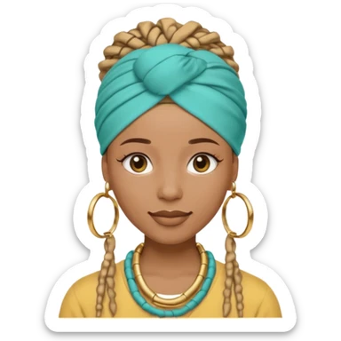Non-portrait Jayci-vibe emoji, 1024 PNG, transparent. Headwrap (muted R-G-G), hoops, locs hint; soft smile, golden inner glow + faint heart aura. Embed: first-love, roots calm, playful grace, protective joy, consent. sticker