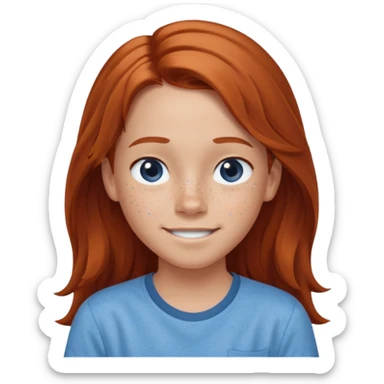 smiling shrugging emoji tween long auburn hair light blue shirt with a darker blue L sticker