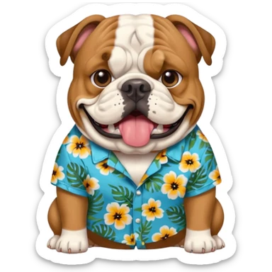 emoji of an english bulldog, Hawaiian shirt, visible dog tag with 'chompers' sticker