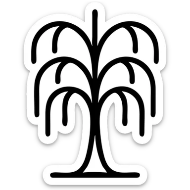 Create a simple icon of a weeping willow tree with green leaves and a brown trunk. Include white flowers blossoming from its branches. The design should be minimal and clear, suitable for an icon style with black outlines and no fill, on a transparent background. sticker