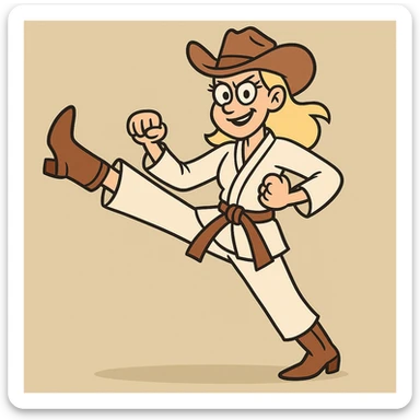 karate cowgirl, dynamic pose, western hat, martial arts uniform, confident expression, energetic sticker