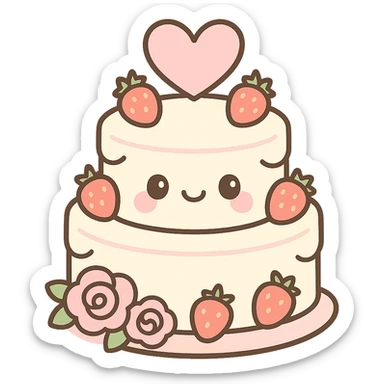 white wedding cake with strawberries, pink roses, heart topper, kawaii style sticker