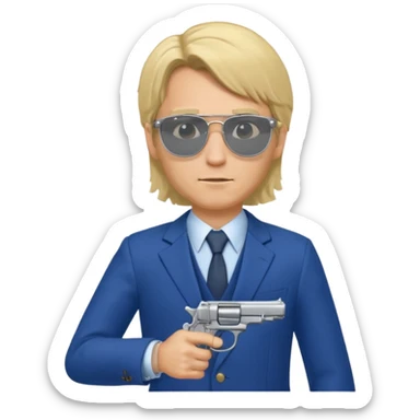 A blond man in a blue suit with a Colt pointing forward. The audience , and long hair and Rayban glasses sticker