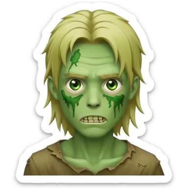 green zombie, handsome male, dirty blonde long anime hair, green eyes, subtle facial scars, iOS emoji style sticker