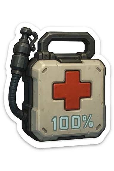 the image is the icon for a videogame insta-use item, it is a medkit, medic kit, %100, fututistic cyberpunk, style of: "HALO:  Reach" , a white square block of plastic with a extinguisher like cybernetic and handle sticker