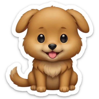 Cute small brown fluffy dog emoji icon. Round face, short muzzle, light brown fur with slightly darker ears, small black nose, happy smiling expression with tongue out. Soft friendly eyes, sitting pose with front paws together. Simple clean vector style, minimal details, kawaii style. sticker