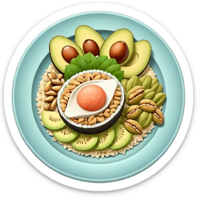 plato con comida variada granos aguacate rebanado salmon nueces arroz

 sticker