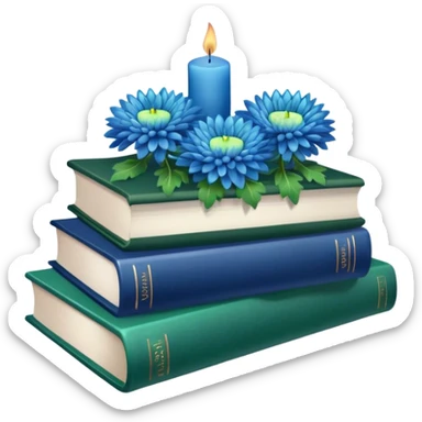 A green book stack adorned with blue chrysanthemums and a deep blue candle  sticker