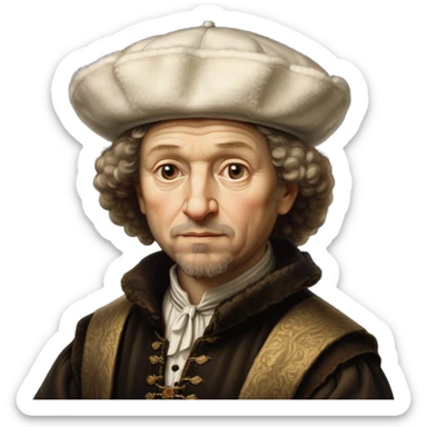 emoji of rembrandt,-shown-as-a-master-artist-with-deep,-introspective-eyes-and-richly-detailed-period-clothing,-rendered-with-dramatic-chiaroscuro-lighting-that-emphasizes-his-legacy white puffy hat sticker