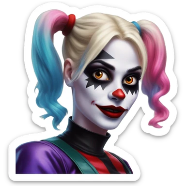 Synthwave Harley Quinn in Uncle Scrooge style, oil paint, mysterious eyes, intricate lips, masterpiece portrait, odd perspective, beautiful, desirable, logical sticker