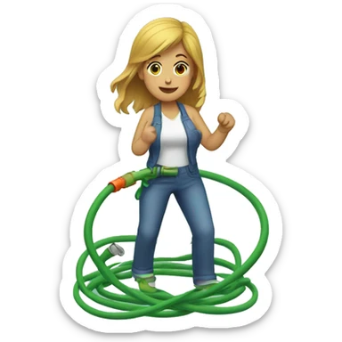 woman steps on garden hose sticker
