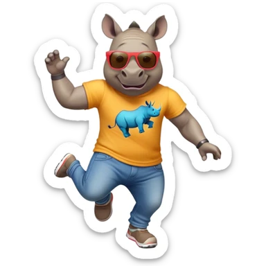 friendly anthropomorphised rhino in jeans and colourful t-shirt, wearing dark sunglasses, jogging upright, jumping with excitement, dynamic pose sticker