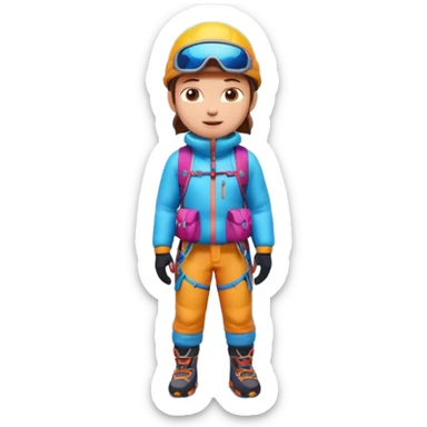 A 3D cartoon mountaineer standing on a snowy Everest-like summit with a flag, wearing colorful climbing gear, soft lighting, Memoji-style.negative : Flag sticker
