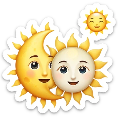 a really bright  big sun and a small moon who shines because of it. the sun is bigger and the moon bright too sticker