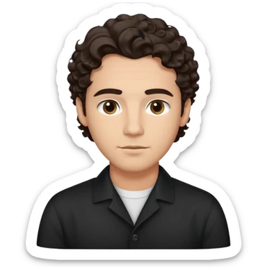 He’s a man with light to medium skin, a defined oval face, full brows, deep-set eyes, and wavy to curly dark brown hair styled with height, sides are low. expression calm and focused relaxed black open-collar shirt.polished, articulate, and professional vibe. sticker